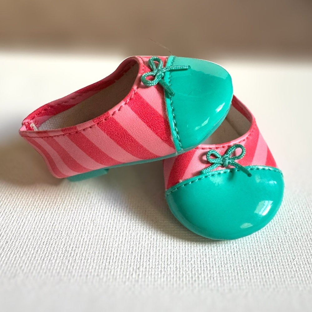 American Girl Doll Pink Bright Stripe Teal Patent Flats Shoes Truly Me Retired